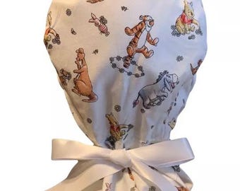 Winnie the Pooh Ponytail Scrub Hat, Satin Lined, FREE SHIP, Medical Surgical Hat, Long Hair Protection Nurse Gift