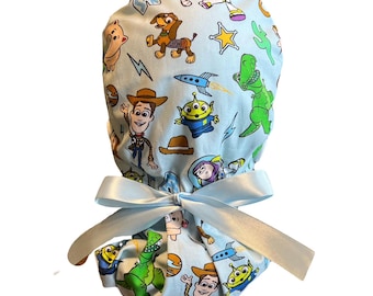 Toy Story Disney Ponytail Scrub Hat, Satin Lined, Buttons, Medical Surgical Hat, Long Hair Protection Nurse Gift