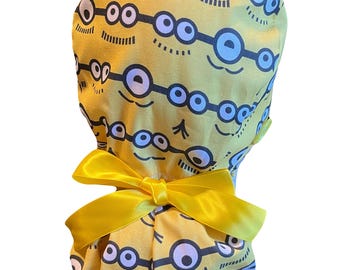 Minions Despicable Me Ponytail Scrub Hat, Satin Lined, Medical Surgical Hat, Long Hair Protection Nurse Gift