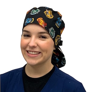 Harry Potter Houses Ponytail Scrub Hat, Satin Lined, Buttons,  Medical Surgical Hat, Long Hair Protection Nurse Gift