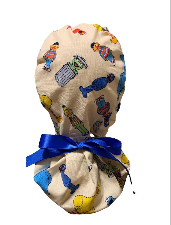 Elmo Ponytail Scrub Hat, Satin Lined, Buttons, Medical Surgical Hat, Long Hair Protection Nurse Gift