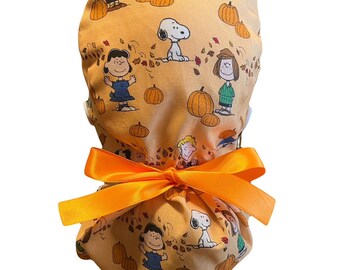 Peanuts Snoopy Fall Pumpkins Ponytail Scrub Hat, Satin Lined, FREE SHIP, Medical Surgical Hat, Long Hair Protection Nurse Gift.