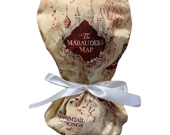 Harry Potter Marauder's Map Ponytail Scrub Hat, Satin Lined, FREE SHIP, Medical Surgical Hat, Long Hair Protection Nurse Gift