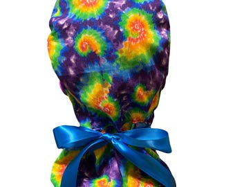 Tie Dye Ponytail Scrub Hat, Satin Lined, Buttons, Medical Surgical Hat, Long Hair Protection Nurse Gift, Satin Ribbons & Buttons
