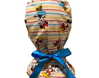 Mickey Minnie Mouse Ponytail Scrub Hat, Satin Lined, FREE SHIP, Medical Surgical Hat, Long Hair Protection Nurse Gift