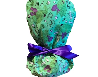Incredible Hulk Ponytail Scrub Hat Satin Lined, FREE SHIP, Medical Surgical Hat, Long Hair Protection Nurse Gift, Satin Ribbons, Buttons