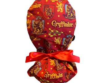 Harry Potter Gryffindor Ponytail Scrub Hat, Satin Lined, FREE SHIP, Medical Surgical Hat, Long Hair Protection Nurse Gift