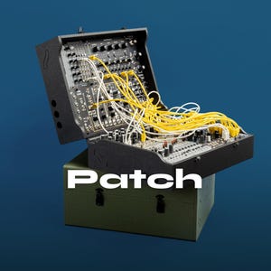 May include: A black synthesizer with numerous knobs, buttons, and yellow and white patch cables. The synthesizer is open and sits atop a green box. The word "Patch" is displayed in white text.