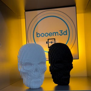 May include: Two 3D-printed skull sculptures, one white and one black, are displayed. The skulls are constructed from layered horizontal lines. Behind them is a sign with the text "boeem3d" in a blue circle.