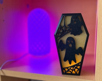 Lámpara de ataúd de Halloween impresa en 3D: luz nocturna de fantasma y telaraña