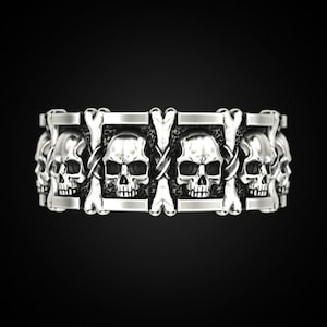 Silver Spinner Fidget Skulls and Fleur de Lis Band Ring - Gothic Wedding Ring, Elegant Noble Skull Design, Chic Dark Romance Jewelry