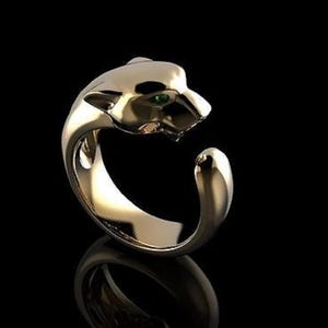 Fierce Wild Animal Statement Ring - Gold Panther, Tiger, Lion, Leopard Jewelry for Men and Women, with emerald green eyes
