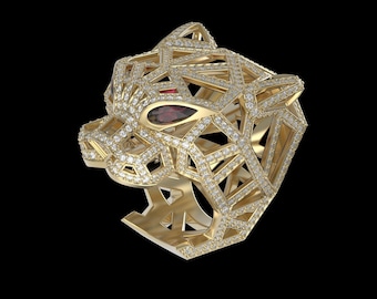 Leopard Style Panther Diamond Ring,Red eye Panther Ring, Round CutMoissanite Ring, Animal Inspired Cocktail Fancy Ring,14K White Gold plated