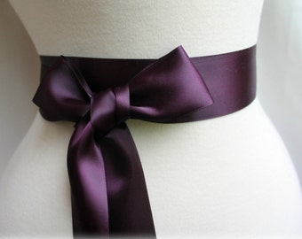 Aubergine Eggplant Deep Plum Sash Belt - Double Faced Satin Ribbon Sash - Bridal Bridesmaids Flower girl Sashes