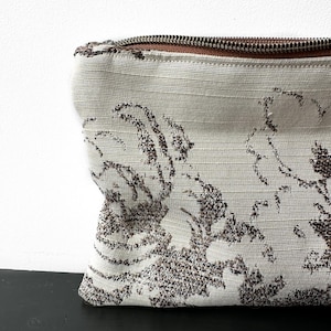 Cream and brown floral fabric makeup pouch, Cosmetic bag for toiletries, Large coin purse, Makeup bag for her