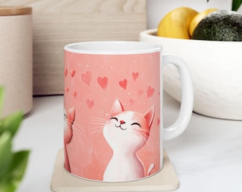 ピンクの猫とハートの手描き陶器マグカップ - Etsy 日本