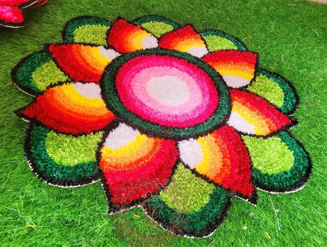 Trending Rangoli Mat Handmade Wool Rangoli Mat | Multicolor Mandala Puja Aasan (24 Inch and ...