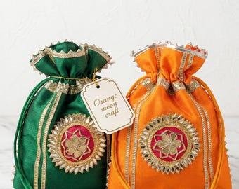 Gota patch Zari Potli Bags - Indian Wedding Favors, Shagun Pouch