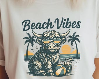 Highland Cow Beach Vibes PNG – Cute Summer Sublimation Cow Clipart, Retro Beach Cow Design, Heart Glasses Cow PNG for Shirts & Tumblers