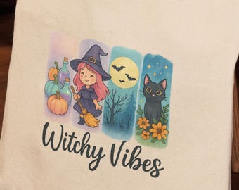 Witchy Vibes PNG | Cute Halloween Witch Sublimation Design | Pastel Fall Cat, Pumpkins, & Moon Clipart for Shirts, Mugs or Decor