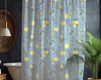 Mediterranean Lemon Shower Curtain – Blue Botanical Bathroom Decor, Summer Citrus Pattern, Cottagecore Style