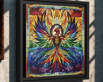 Framed Canvas | Rainbow Phoenix Stained Glass  | LGBTQ Pride Wall Art | Firebird Decor | Fantasy Square Canvas Print | Bold Mythical Gift