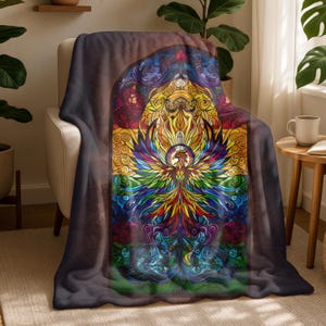 Throw Blanket Rainbow Phoenix Stained Glass | LGBTQ Pride | Queer Firebird Tapestry Blanket | Colorful Fantasy Home Decor | Cozy Pride Gift