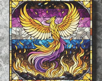 Poster | Nonbinary Phoenix Stained Glass Pride Wall Art | LGBTQ+ Mythical Creature Decor | Rising From Fire Print | Queer Fantasy Artwork