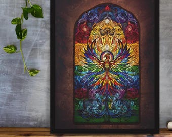 Framed Poster | Rainbow Phoenix Stained Glass | LGBTQ Pride Wall Art | Queer Fantasy Decor | Firebird Print in Black Wood Frame