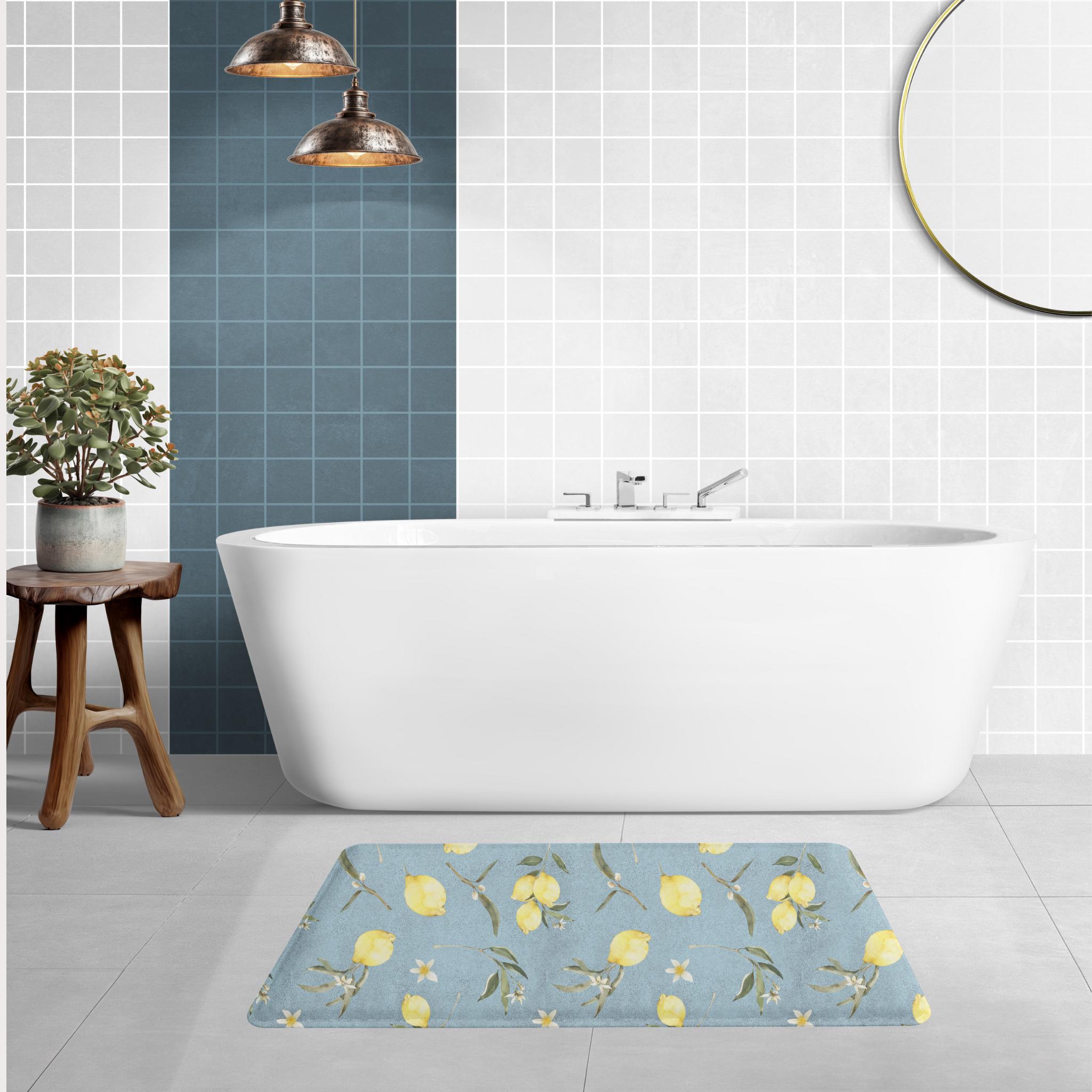 Mediterranean Lemon Bath Mat – Blue Citrus Bathroom Rug, Non-Slip, Cottagecore Fruit Decor