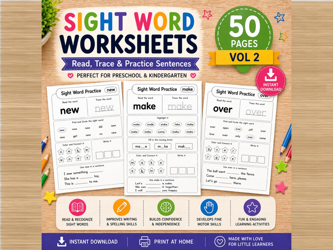 Sight Words Practice Worksheets Vol 2 | 50 Kindergarten Sight Words ...