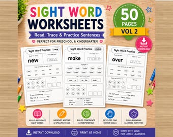 Sight Words Practice Worksheets Vol 2 | 50 Kindergarten Sight Words | Printable PDF | Trace Write Color Activities | Dolch Word Workbook