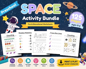 Preschool Space Activity Bundle Printable PDF | 125 Pages Kids Worksheets | Counting Tracing Mazes Matching Coloring | Busy Binder Ages 3-6
