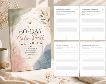 Diario imprimible de 60 días para restablecer la calma, cuaderno de autocuidado, indicaciones para la reflexión diaria, diario de atención plena, PDF para aliviar el estrés