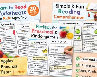 Learn to Read 50 Worksheets for Kids Ages 4-6 | Printable Reading Comprehension | Preschool & Kindergarten Literacy Activities | Homeschool