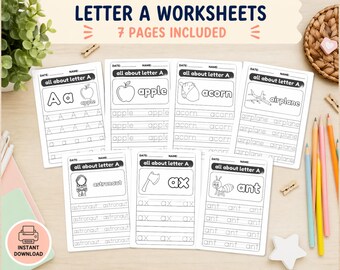 Letter A Worksheets Printable for Preschool | Alphabet Tracing A-Z | Toddler Learning Activities | Homeschool Handwriting Practice PDF
