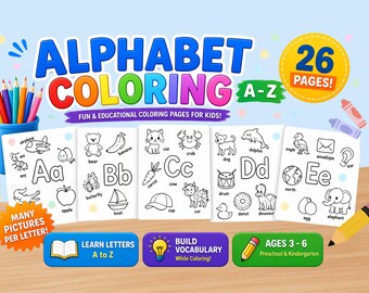 Alphabet Coloring Pages A–Z | ABC Coloring Worksheets for Kids | Preschool & Kindergarten Learning Activity | Printable PDF Ages 3–6