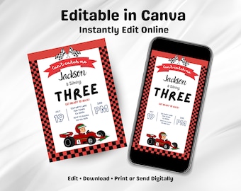 Race Car 3rd Birthday Invitation Template, Editable Canva Kids Party Invite (Digital Download)