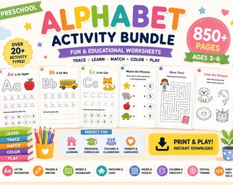 850+ Alphabet Worksheets Bundle for Preschool | Letter Tracing Activities | ABC Printable Pack | Homeschool Learning Binder Ages 3-6