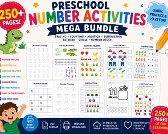 Preschool Number Activities Bundle | 250+ Printable Math Worksheets | Number Tracing Counting Addition Subtraction | Kindergarten PDF