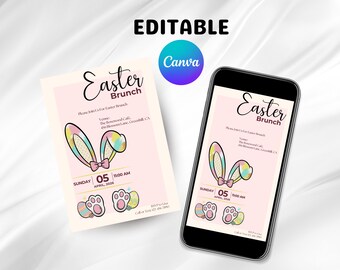 Easter Brunch Invitation Template, Editable Canva Party Invite, Bunny Theme Spring Celebration