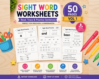 Sight Word 50 Worksheets Bundle for Kindergarten | Dolch Word Practice Pages | Learn to Read Printable | Preschool Reading Activities PDF