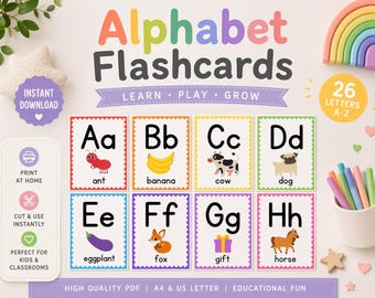Alphabet Flashcards Printable for Kids, Montessori ABC Learning Cards, Preschool Letter Recognition, Homeschool Phonics PDF Download