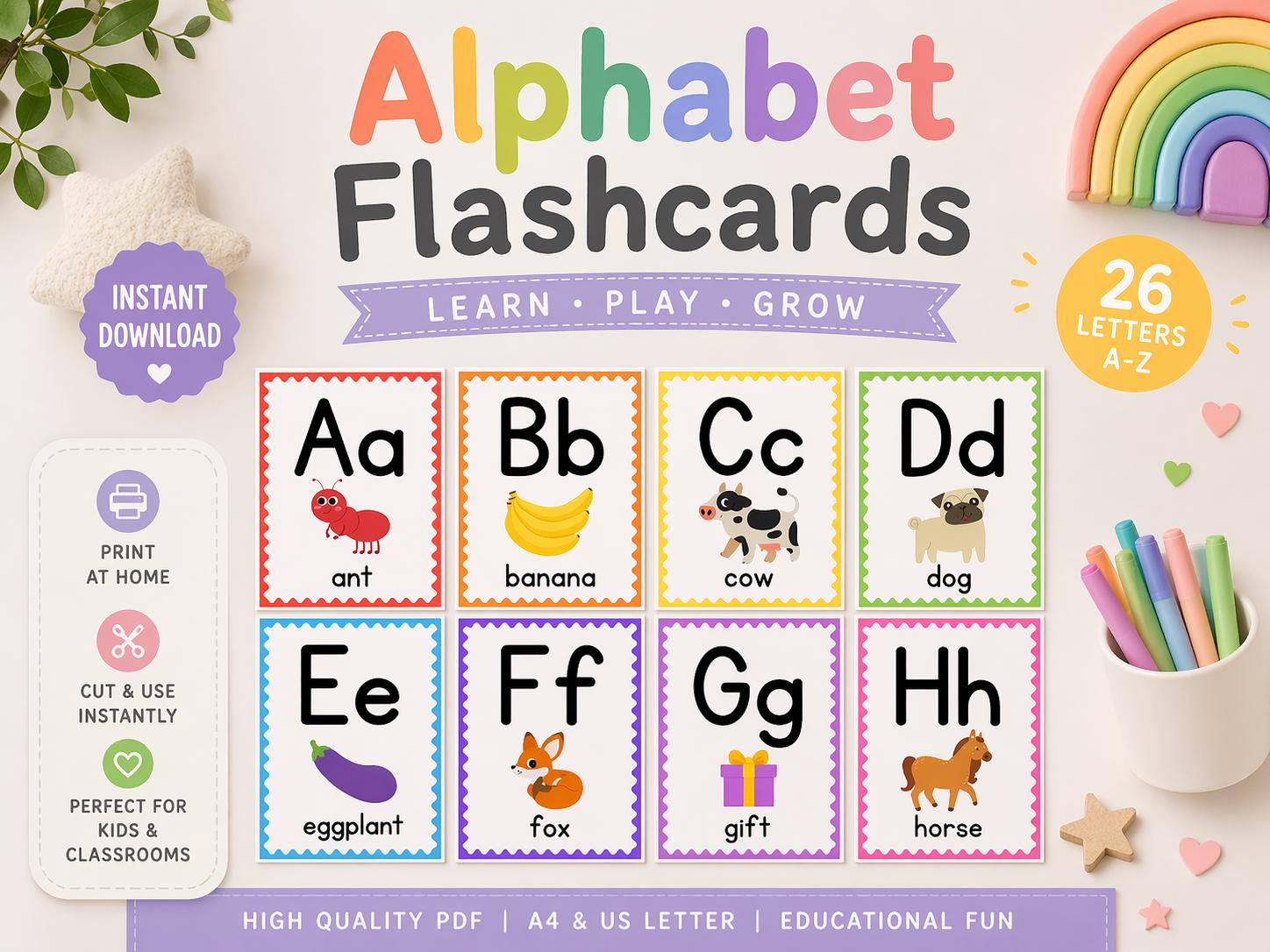 Alphabet Flashcards Printable for Kids, Montessori ABC Learning Cards ...