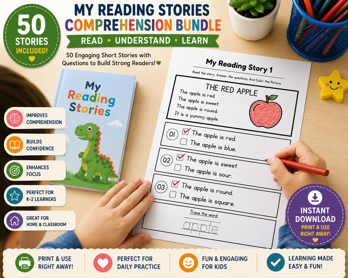 Reading Comprehension Worksheets Bundle for Kids | 50 Short Reading