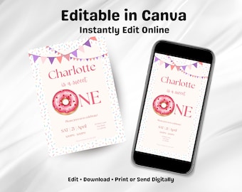 Sweet One Donut Birthday Invitation, Editable Canva Template, Girl First Birthday Party (Digital Download)