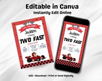 Editable Race Car Two Fast Birthday Invitation (Digital Download)