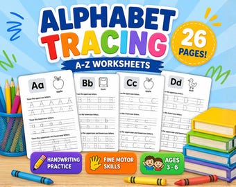 Alphabet Tracing Worksheets A–Z | Learn to Write Letters | Preschool & Kindergarten Handwriting Practice | Printable PDF Kids Ages 3–6
