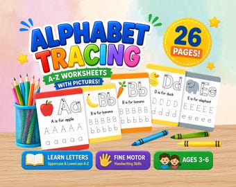 Printable Alphabet Tracing Worksheets, Preschool Handwriting Practice, Letter Tracing Bundle for Kids, Kindergarten Homeschool Activity PDF