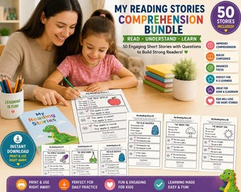 Reading Comprehension Worksheets Bundle for Kids | 50 Short Reading Stories with Questions | Kindergarten & 1st Grade Printable PDF Activity